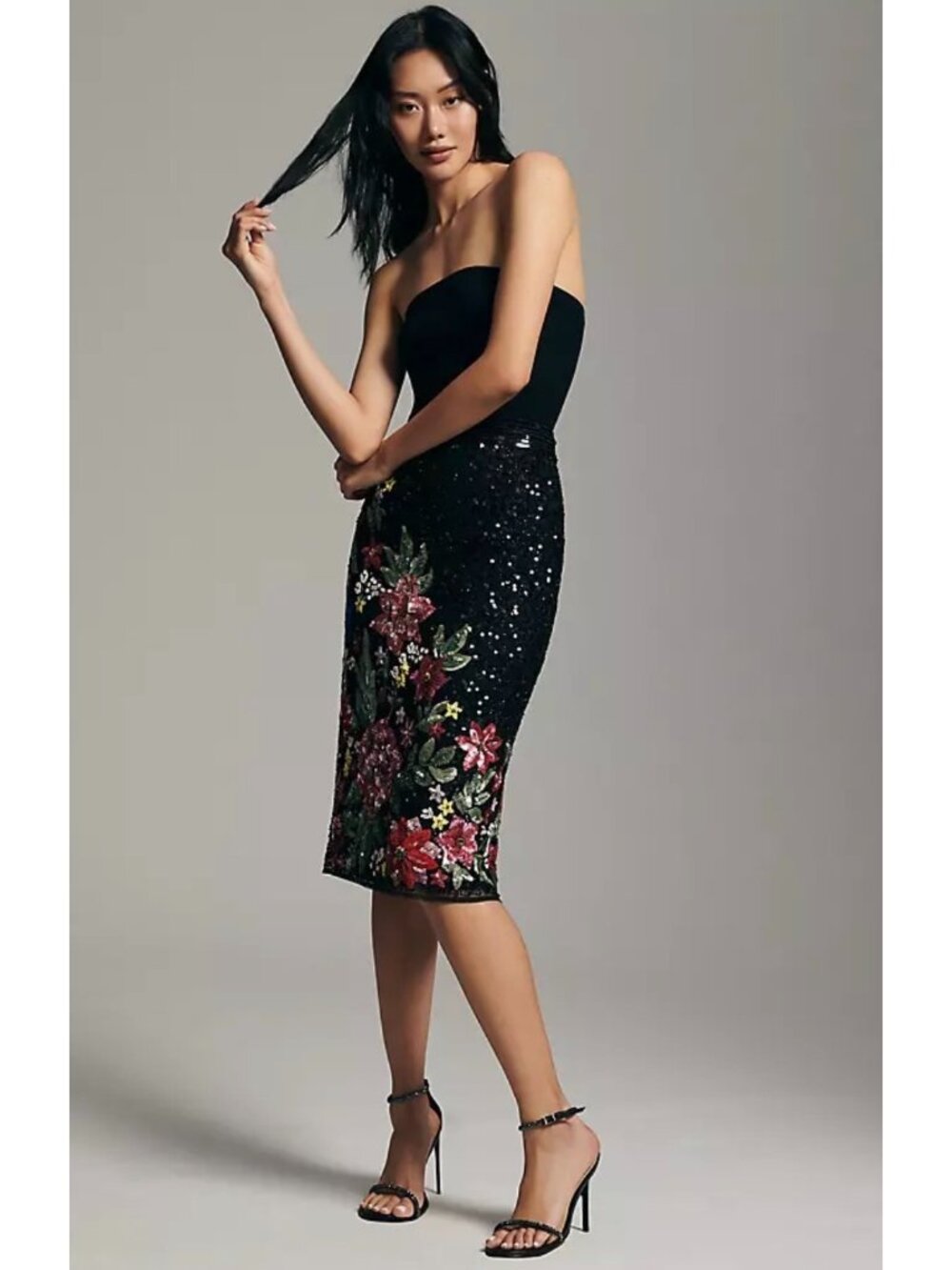 Mac Duggal Black Multicolored Floral Embellished Skirt Size S